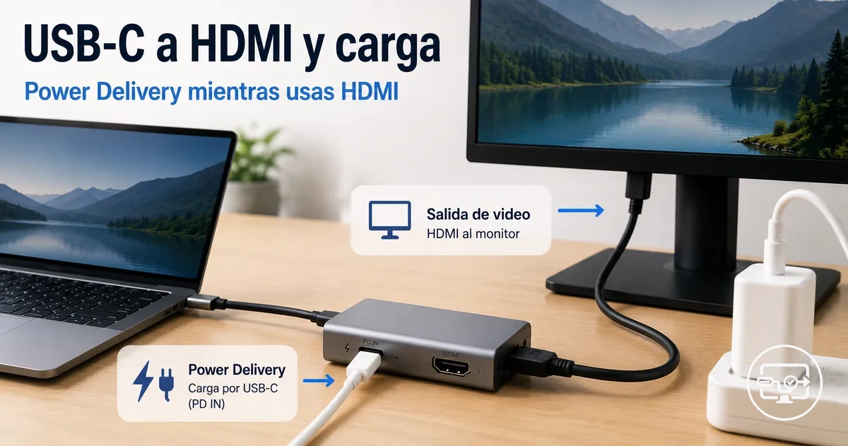 Compatibilidad USB-C a HDMI con carga pasante mostrando Power Delivery durante el uso de HDMI
