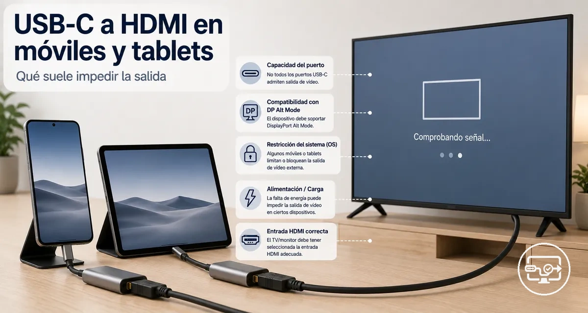 Compatibilidad USB-C a HDMI en móvil o tablet conectados a una TV o monitor