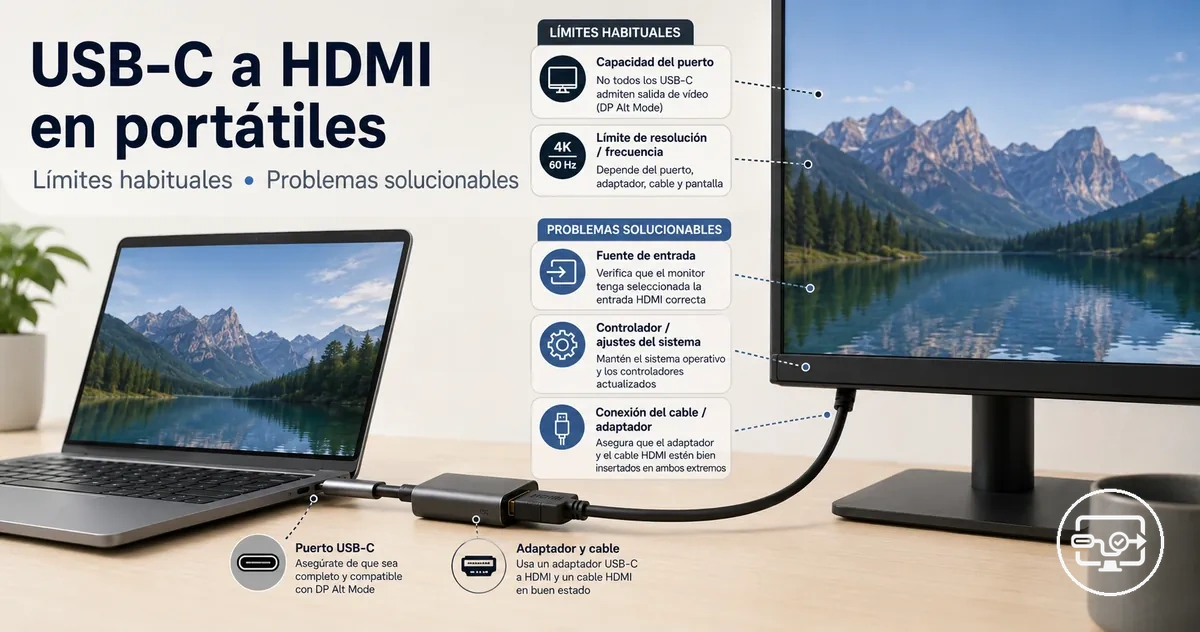 Compatibilidad USB-C a HDMI en portátil con conexión a un monitor externo
