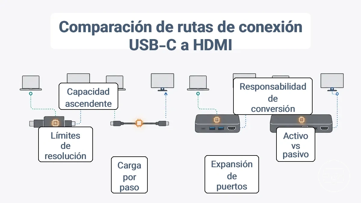 Gráfico comparativo que muestra las funciones del adaptador, cable, hub y base en una ruta de conexión USB-C a HDMI y dónde ocurre la conversión.