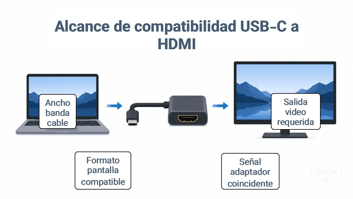 Diagrama de la cadena de compatibilidad USB-C a HDMI que muestra la salida de vídeo del dispositivo fuente, la ruta del adaptador y los límites de la pantalla HDMI.