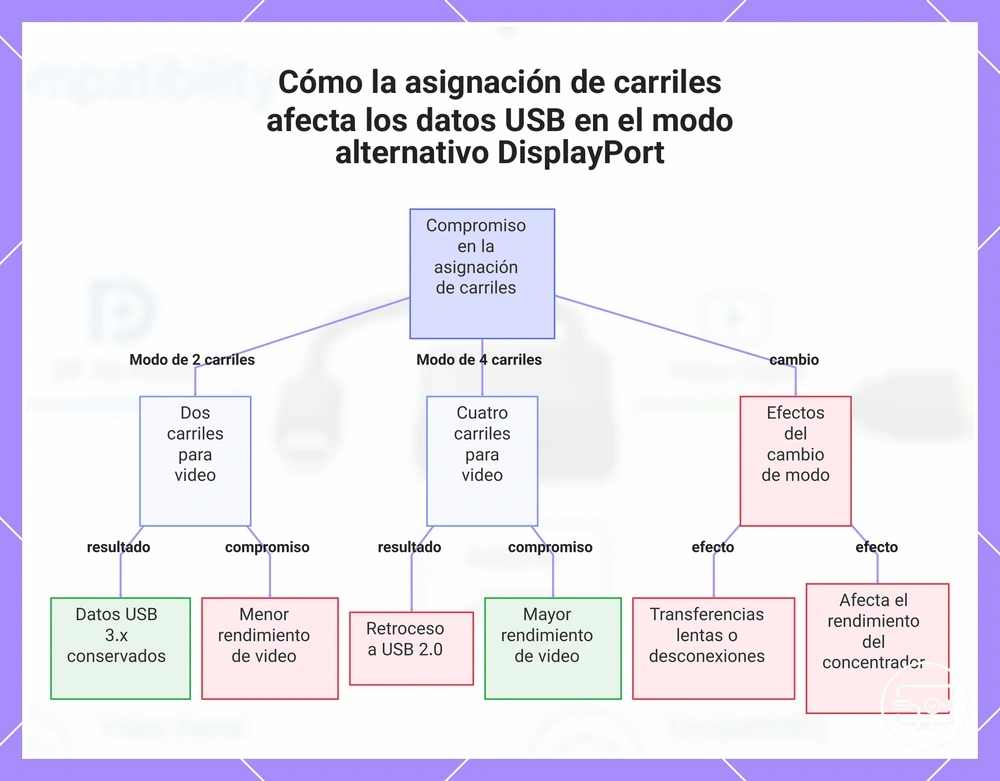 Cómo la asignación de carriles afecta los datos USB en el modo alternativo DisplayPort