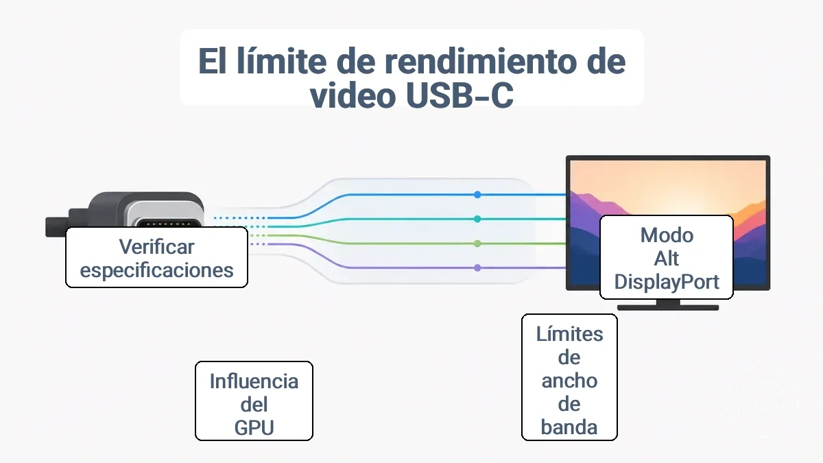 Diagrama anotado que muestra la capacidad de salida de video USB-C y la asignación de carriles que afecta los modos 4K y HDR