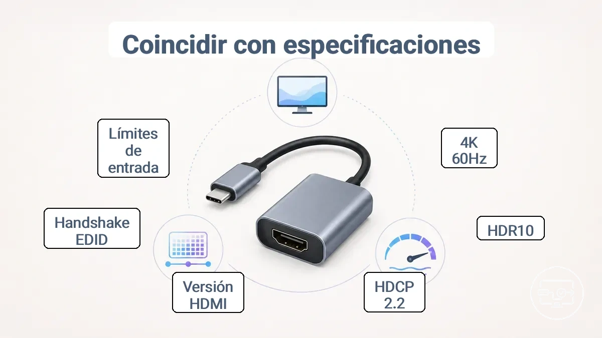 Gráfico comparativo que muestra las afirmaciones de rendimiento de un adaptador USB-C a HDMI y los requisitos específicos de pantalla a verificar (4K 60 Hz, HDR, HDCP).