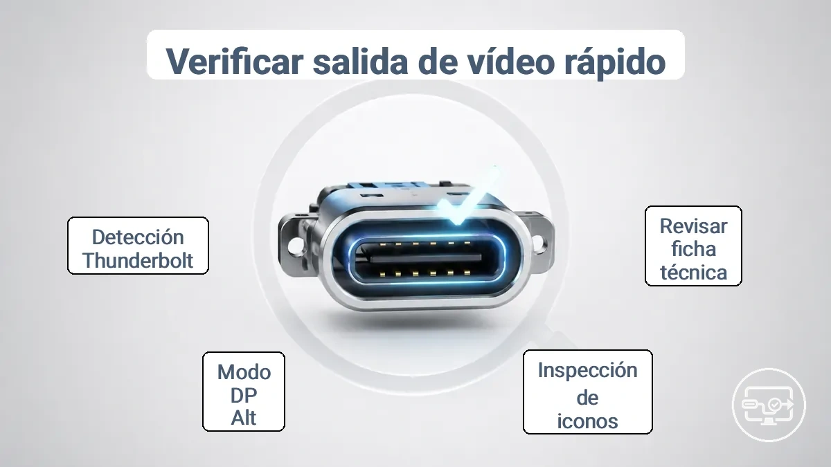 Ejemplo anotado que muestra las marcas de un puerto USB-C y una línea de especificaciones utilizada para confirmar la compatibilidad con la salida de video.