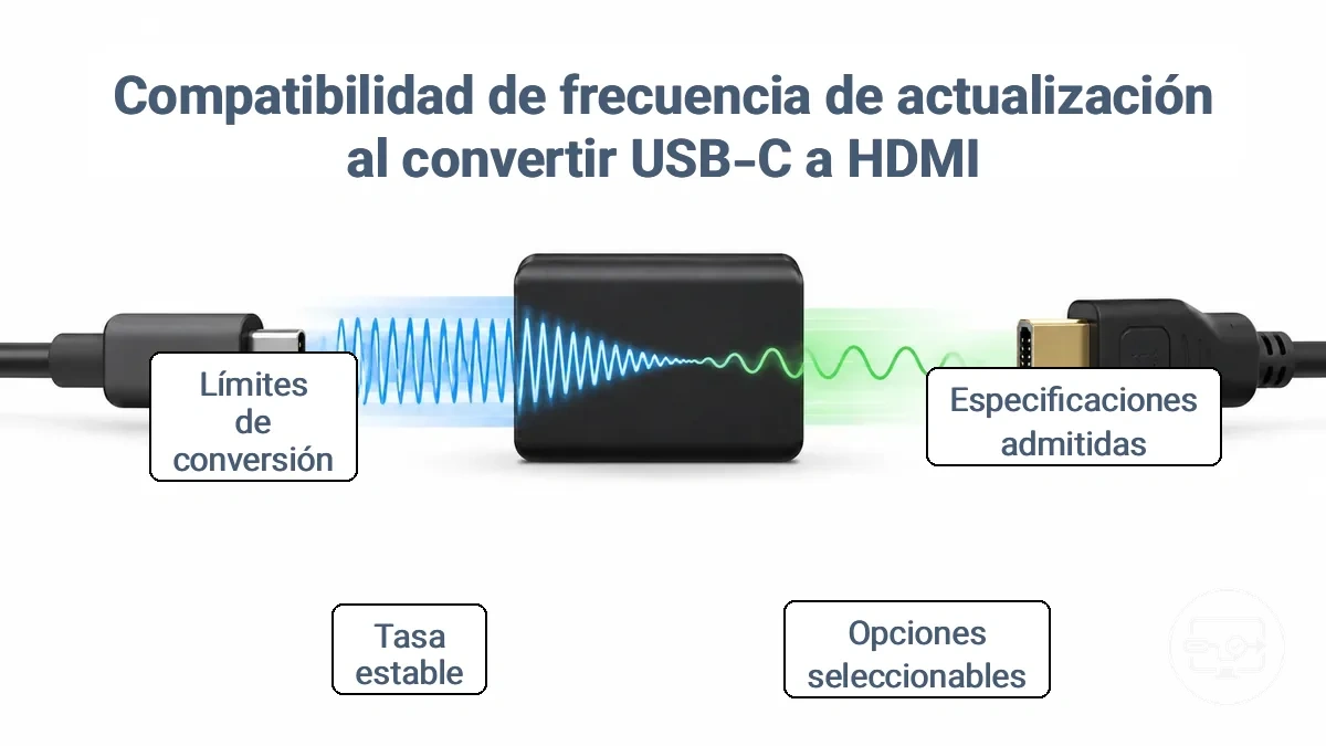 Diagrama que muestra cómo la tasa de refresco se ve afectada cuando la señal de vídeo USB-C pasa a través de un adaptador HDMI