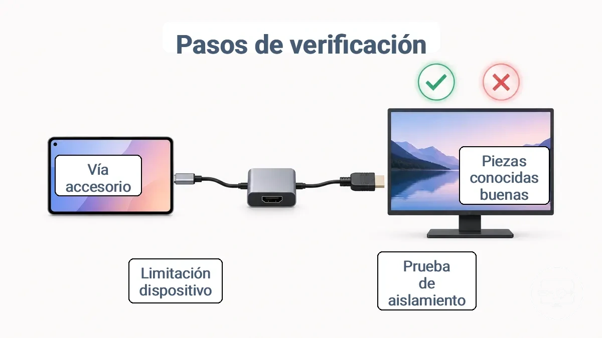 Diagrama de aislamiento simple que muestra el dispositivo, el cable HDMI, el adaptador y la pantalla con resultado de éxito o fallo