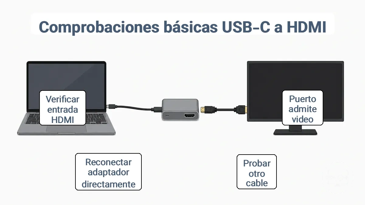 Diagrama de flujo de comprobaciones básicas: puerto USB-C del dispositivo a adaptador o hub, cable HDMI y entrada de pantalla con puntos de verificación etiquetados.