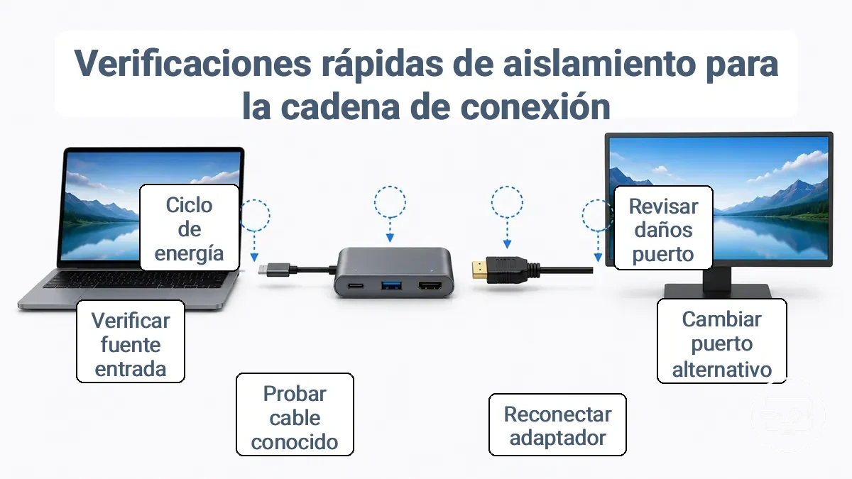 Diagrama que muestra la cadena física del puerto USB-C, el adaptador, el cable HDMI y los puntos de selección de entrada de pantalla para comprobaciones de aislamiento