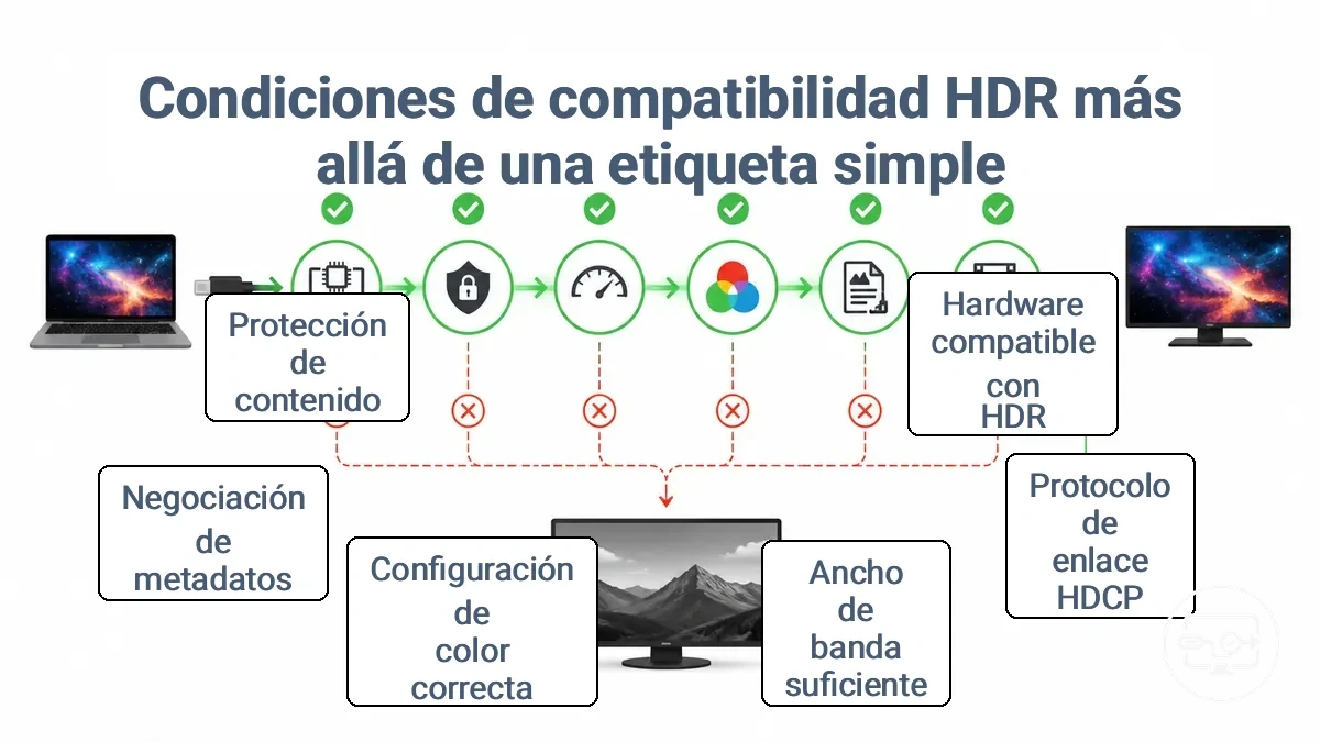 Diagrama que muestra los puntos de control HDR en una conexión USB-C a HDMI y dónde el HDR puede degradarse a SDR.
