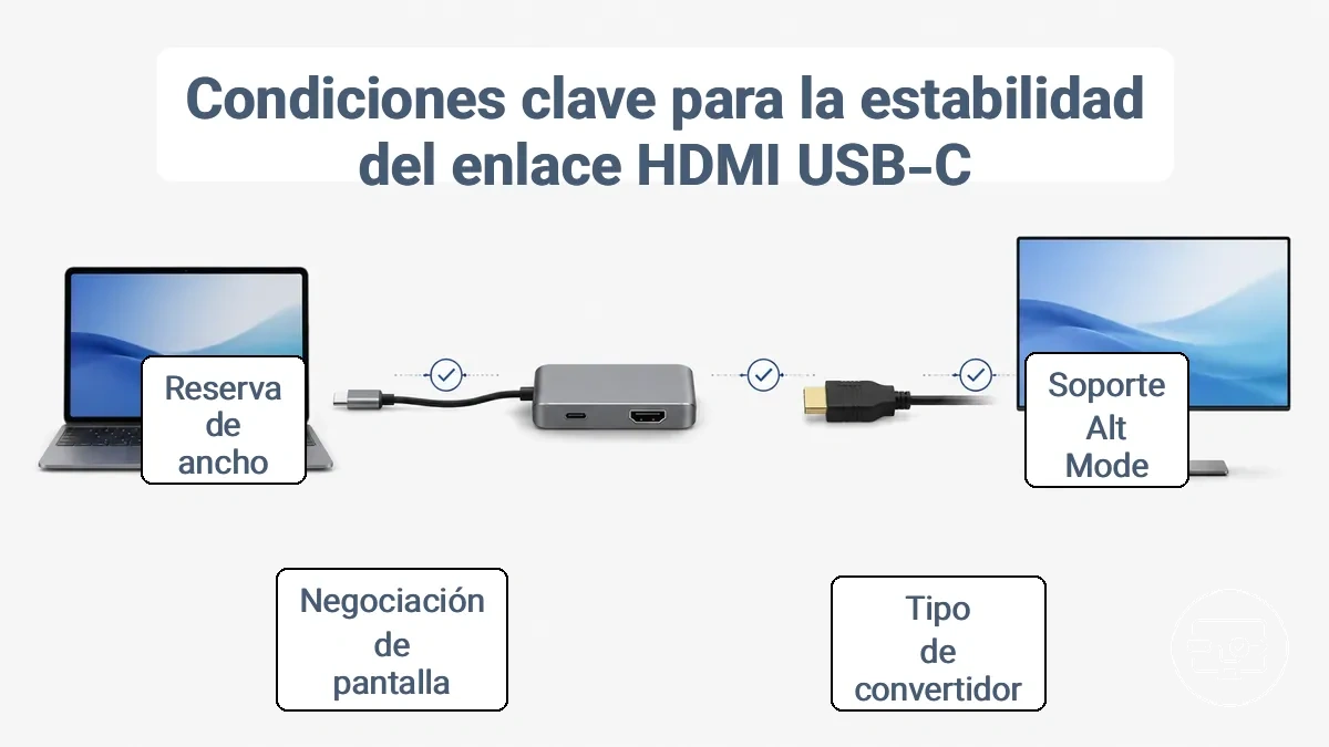 Diagrama anotado de la cadena USB-C a HDMI: dispositivo de origen con modo alternativo, adaptador convertidor, cable HDMI y pantalla, con puntos de verificación de compatibilidad en cada etapa.