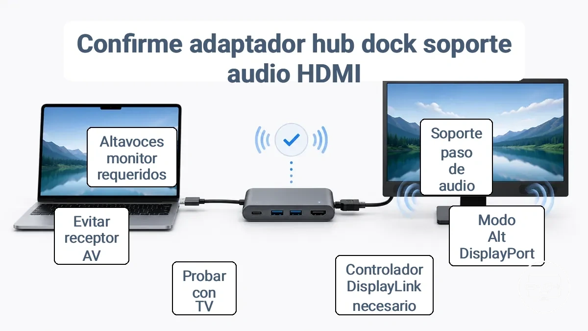 Gráfico de lista de verificación para confirmar la compatibilidad de audio HDMI del adaptador, concentrador o dock