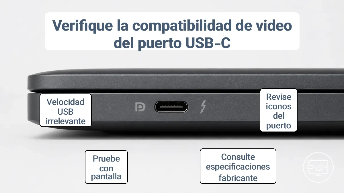 Puerto USB-C con icono de DisplayPort y símbolo de Thunderbolt en el panel lateral de un portátil