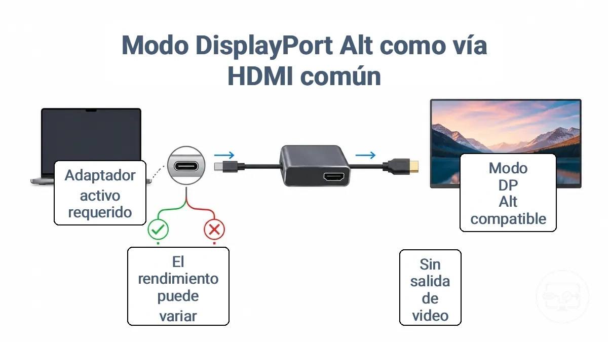 Diagrama que muestra la ruta de DP Alt Mode USB-C a través de un adaptador a una pantalla HDMI y qué cambia cuando Alt Mode no es compatible.