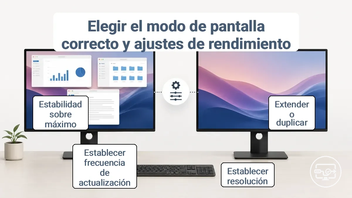 Comparación de modos de pantalla USB-C a HDMI que muestra reflejar frente a extender y dónde afectan los ajustes de resolución y frecuencia a la estabilidad.
