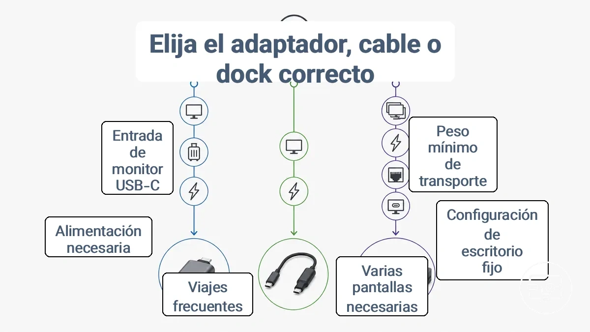 Árbol de decisiones para elegir entre adaptador USB-C a HDMI, cable o base según los objetivos del usuario y la configuración del equipo