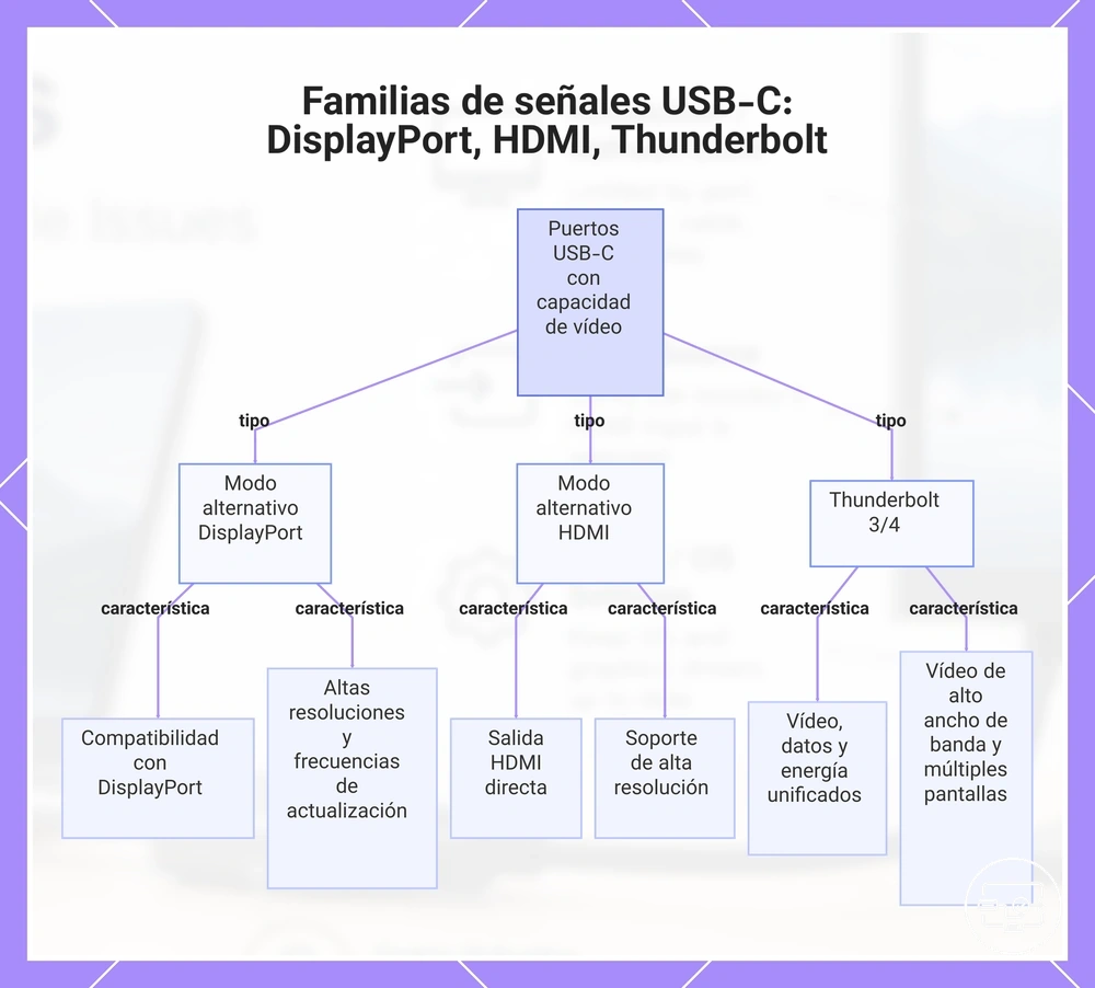 Familias de señales USB-C: DisplayPort, HDMI, Thunderbolt