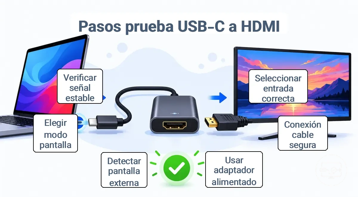 Ilustración de los pasos de conexión de la prueba USB-C a HDMI