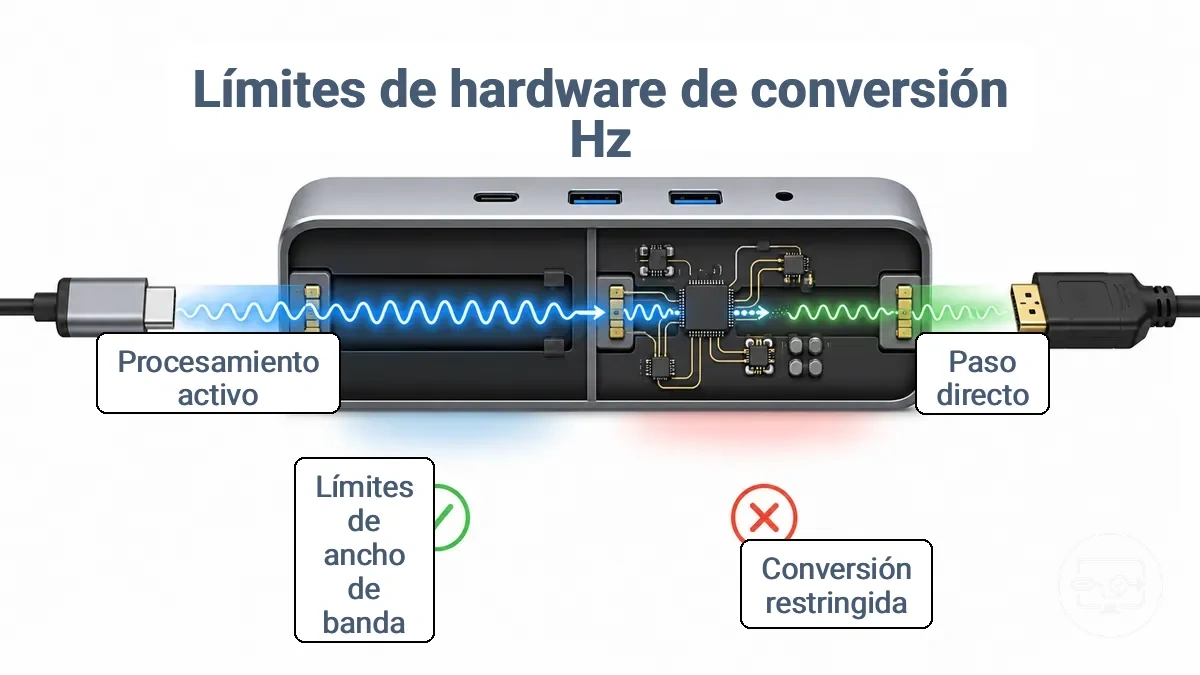 Diagrama que compara las rutas de señal de paso directo y con limitaciones de conversión en concentradores y adaptadores USB-C