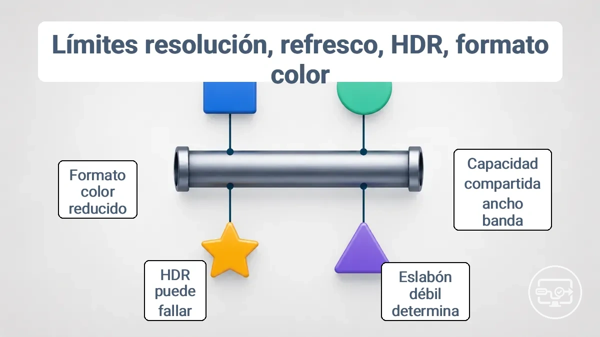 Diagrama que muestra cómo los límites de resolución, frecuencia de actualización, HDR y formato de color dependen del ancho de banda en la cadena USB-C a HDMI.