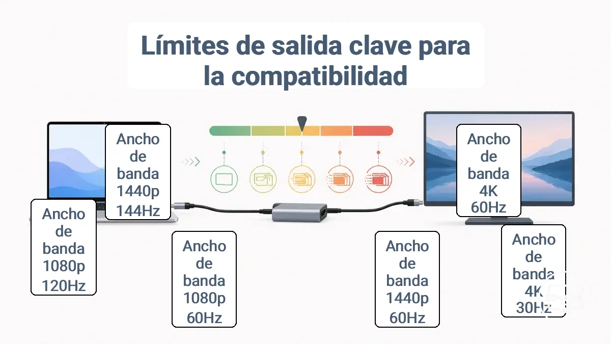 Diagrama que muestra los modos de salida objetivo más comunes y sus limitaciones típicas de ancho de banda y puerto para pantallas externas de portátiles.