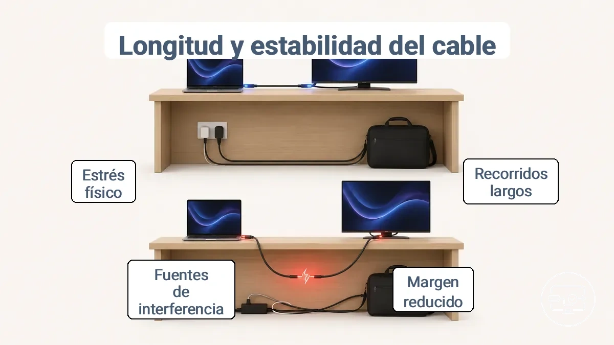Ilustración que compara recorridos de cable USB-C a HDMI cortos y largos, y cómo el ruteo y la interferencia pueden afectar la estabilidad.