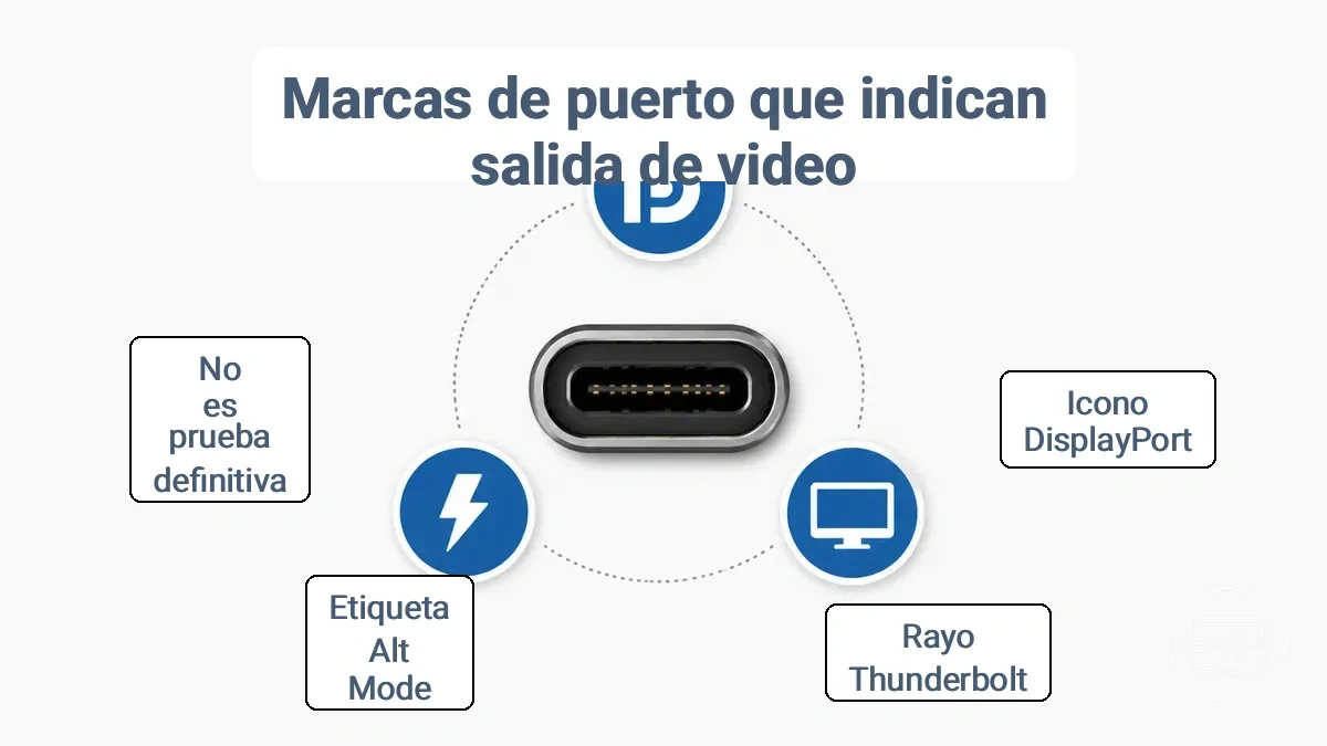 Símbolos comunes de puerto USB-C que incluyen iconos de DisplayPort, Thunderbolt y monitor etiquetados para su identificación