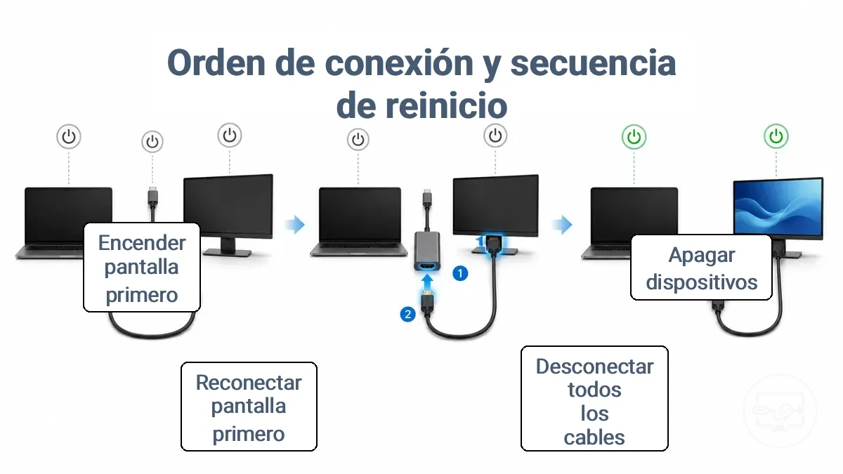 Diagrama paso a paso que muestra el orden de reconexión del adaptador USB-C, el cable HDMI y la pantalla para recuperar una negociación atascada.