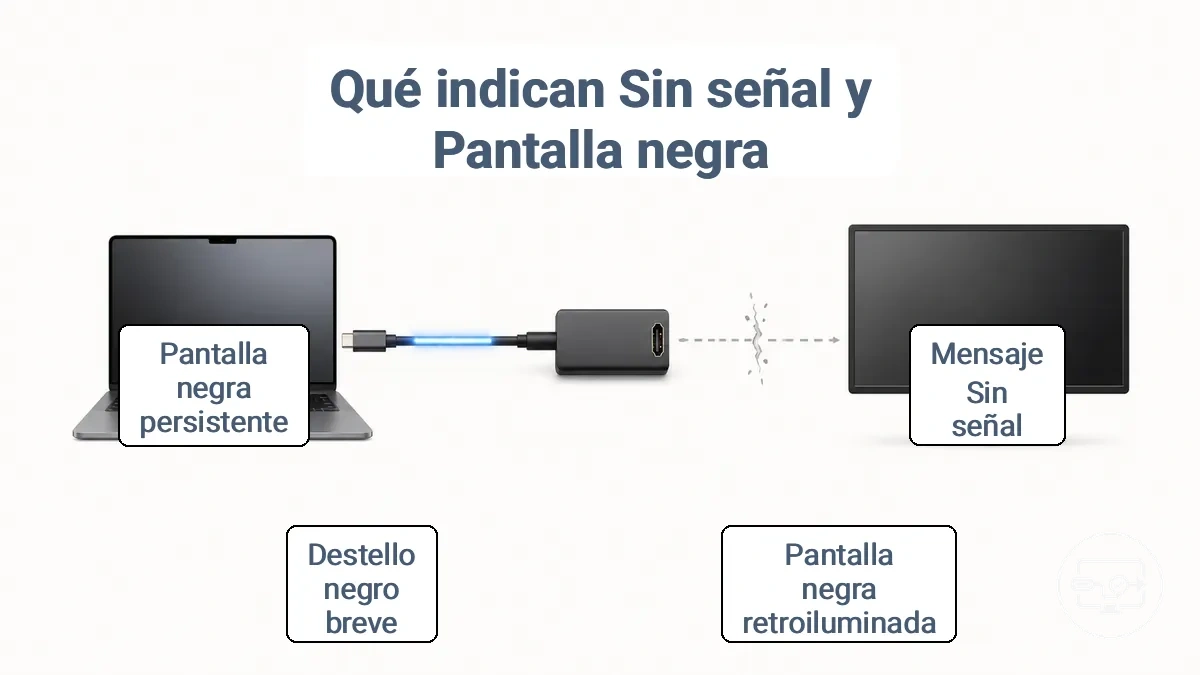 Diagrama que etiqueta las capas de la ruta de señal USB-C a HDMI para explicar qué indican típicamente la falta de señal y la pantalla negra.