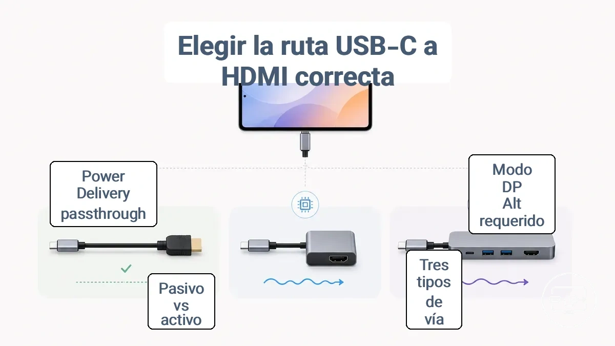 Comparación de las rutas de adaptador, cable y hub USB-C a HDMI con criterios de decisión sobre conversión pasiva y activa