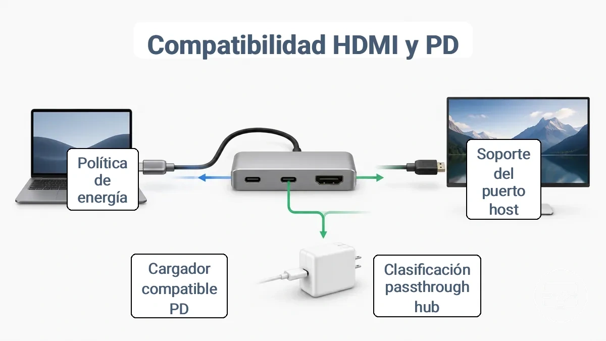 Diagrama de flujo de requisitos de compatibilidad para salida HDMI y paso de carga PD