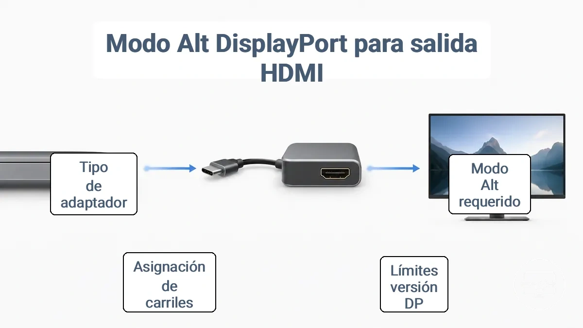 Diagrama que muestra la conversión de USB-C a DisplayPort Alt Mode a través de adaptador para pantalla HDMI