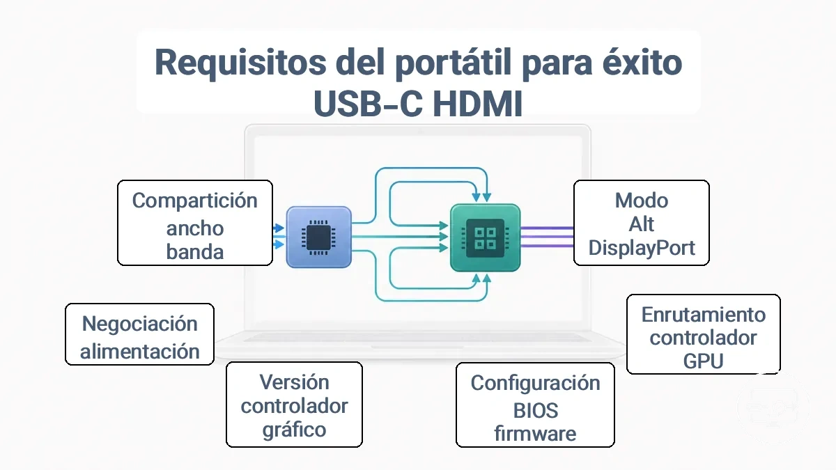 Diagrama de la cadena de señal desde el lado del portátil, desde el puerto USB-C a través del controlador, el enrutamiento y el flujo de la GPU hasta la salida HDMI