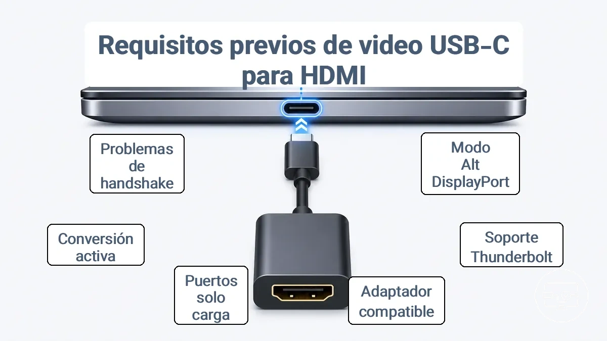 Ejemplo anotado que muestra indicadores comunes de compatibilidad con salida de vídeo USB-C necesaria para HDMI mediante un adaptador.