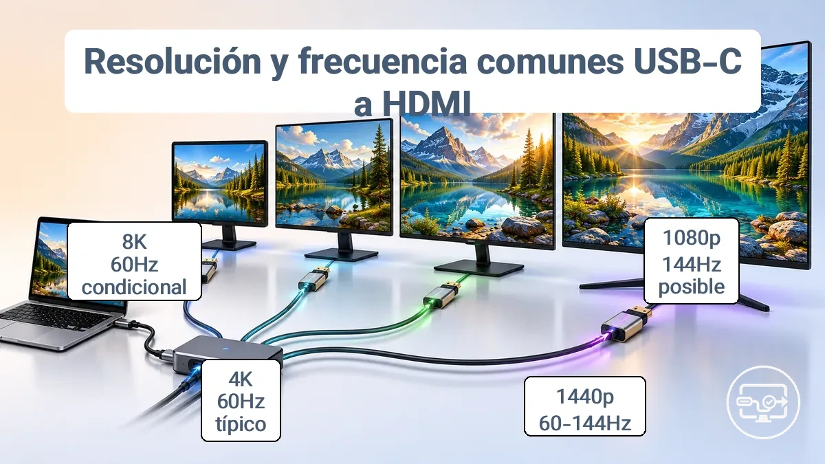 Comparación de resultados de resolución y tasa de refresco a través de USB-C a HDMI según las capacidades del cable y el adaptador.