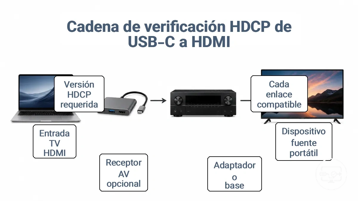 Diagrama que etiqueta la ruta de la negociación HDCP a través del dispositivo USB-C, adaptador o dock, intermediario opcional y entrada de pantalla HDMI.