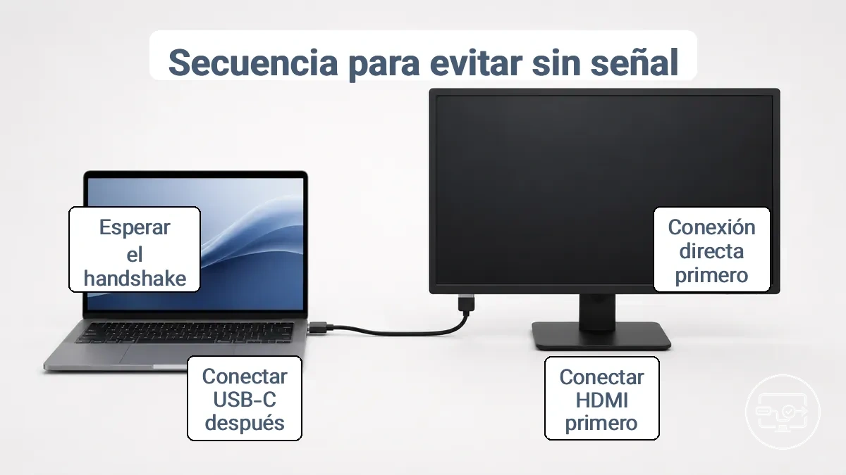 Secuencia de conexión USB-C a HDMI que muestra el orden que reduce los resultados sin señal y no detectados.