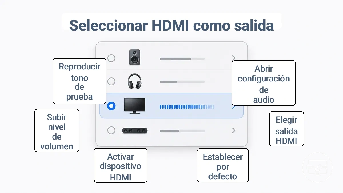 Panel de configuración de salida de audio con dispositivo HDMI seleccionado como predeterminado