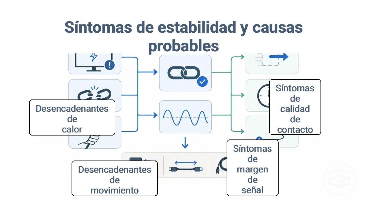 Gráfico que asigna síntomas de estabilidad USB-C a HDMI a clases de causa probables y primeras comprobaciones seguras