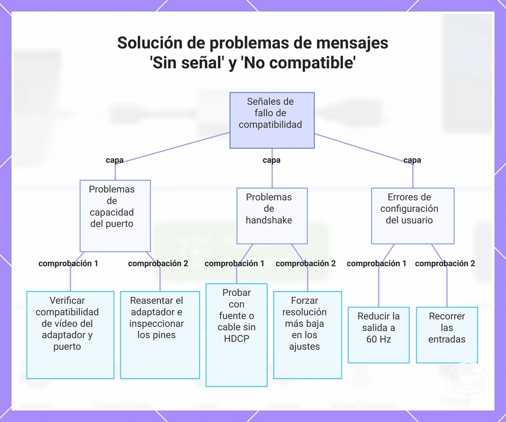 Solución de problemas de mensajes 'Sin señal' y 'No compatible'