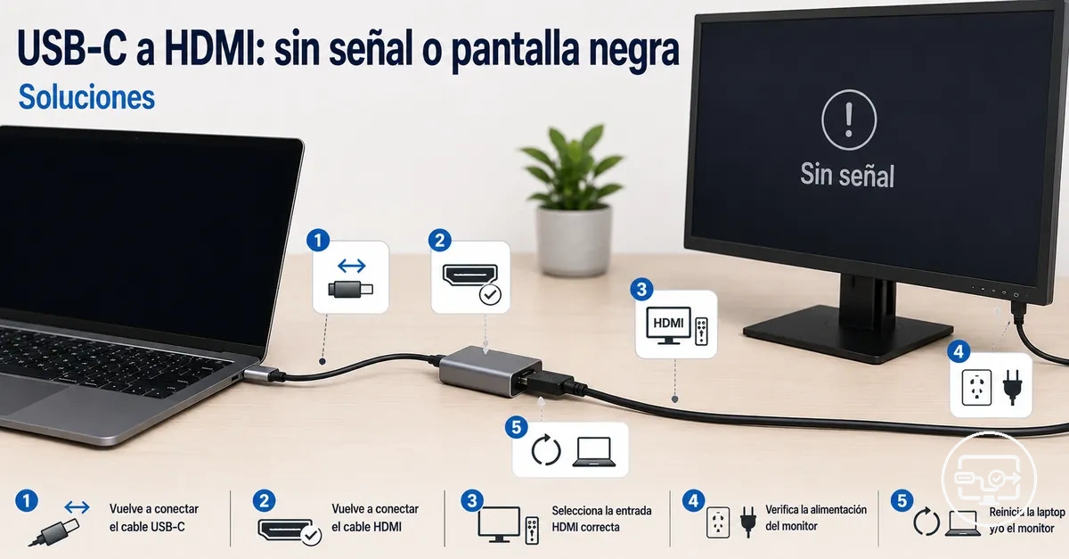 Soluciones para USB-C a HDMI sin senal con comprobaciones de conexion en pantalla