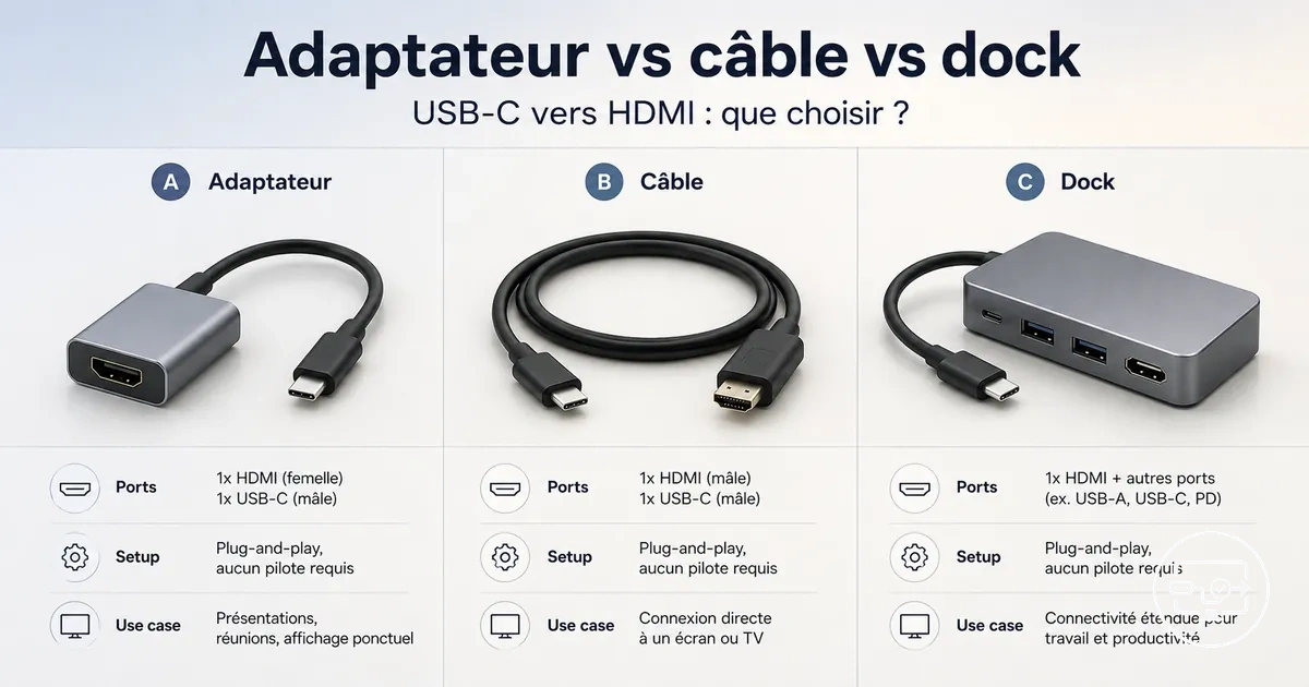 Comparatif USB-C vers HDMI entre adaptateur, câble et dock selon le format et l’usage