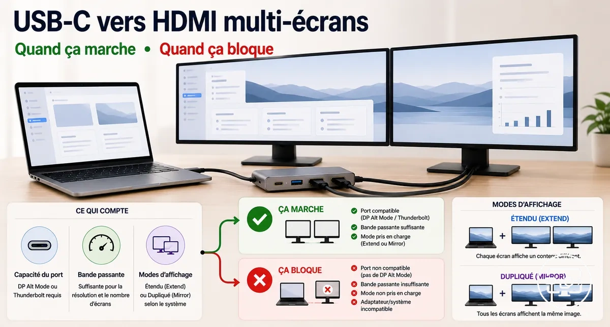 Compatibilité USB-C vers HDMI avec plusieurs écrans : bureau étendu et configuration multi-moniteurs