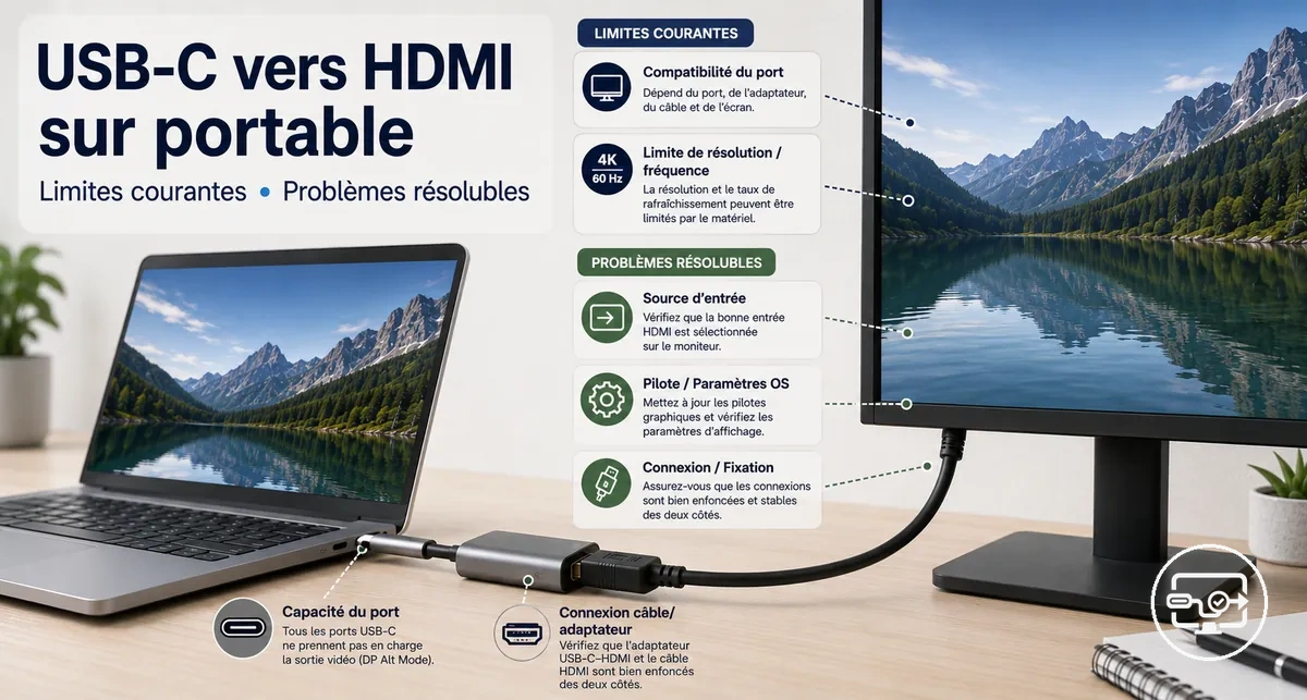 Compatibilité USB-C vers HDMI sur ordinateur portable avec connexion à un écran externe