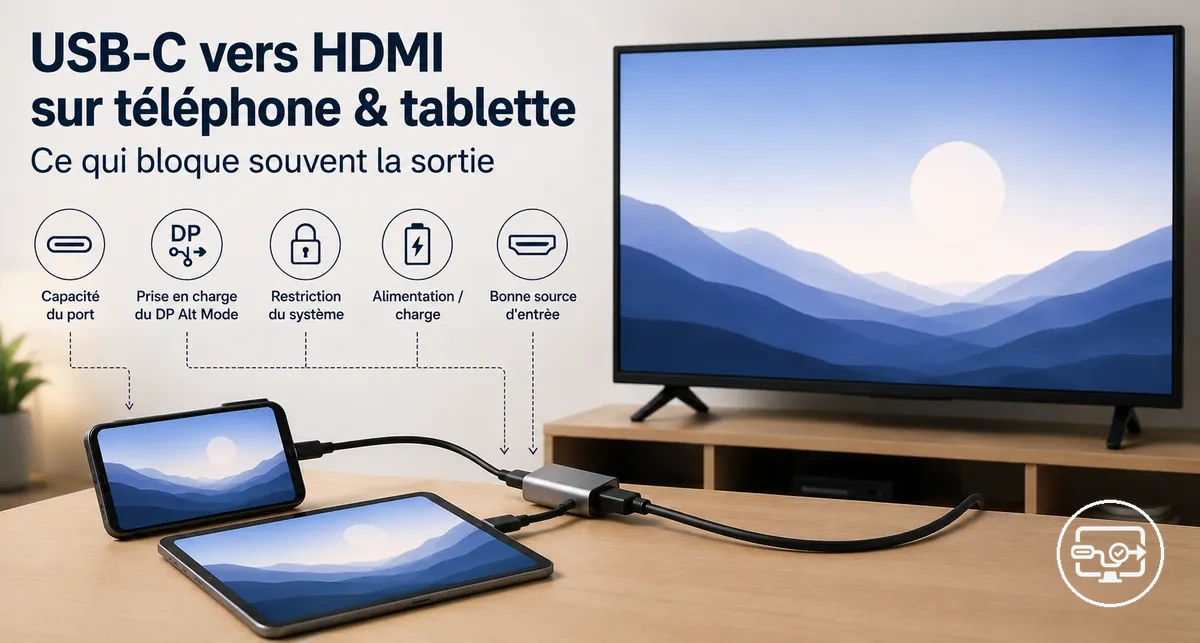 Compatibilité USB-C vers HDMI sur téléphone ou tablette connecté à une TV ou un moniteur