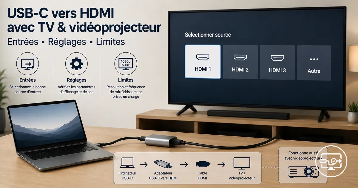 Compatibilité USB-C vers HDMI avec TV ou vidéoprojecteur : choix de l’entrée et schéma de connexion