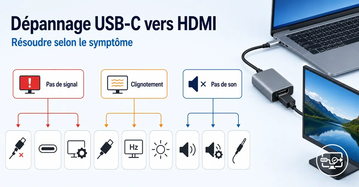 Arborescence de dépannage USB-C vers HDMI par symptôme (pas de signal, clignotement, etc.)