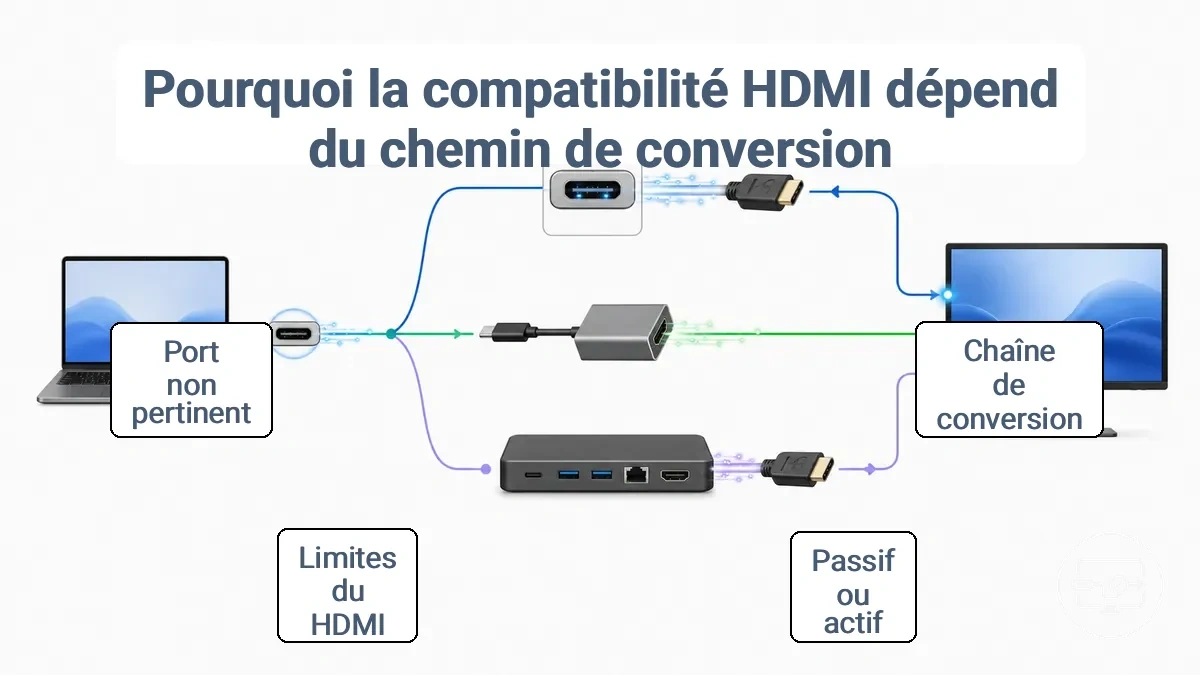 Schéma montrant où se produit la conversion du signal HDMI : au niveau du port, à l'intérieur d'un adaptateur simple, ou à l'intérieur d'une station d'accueil.