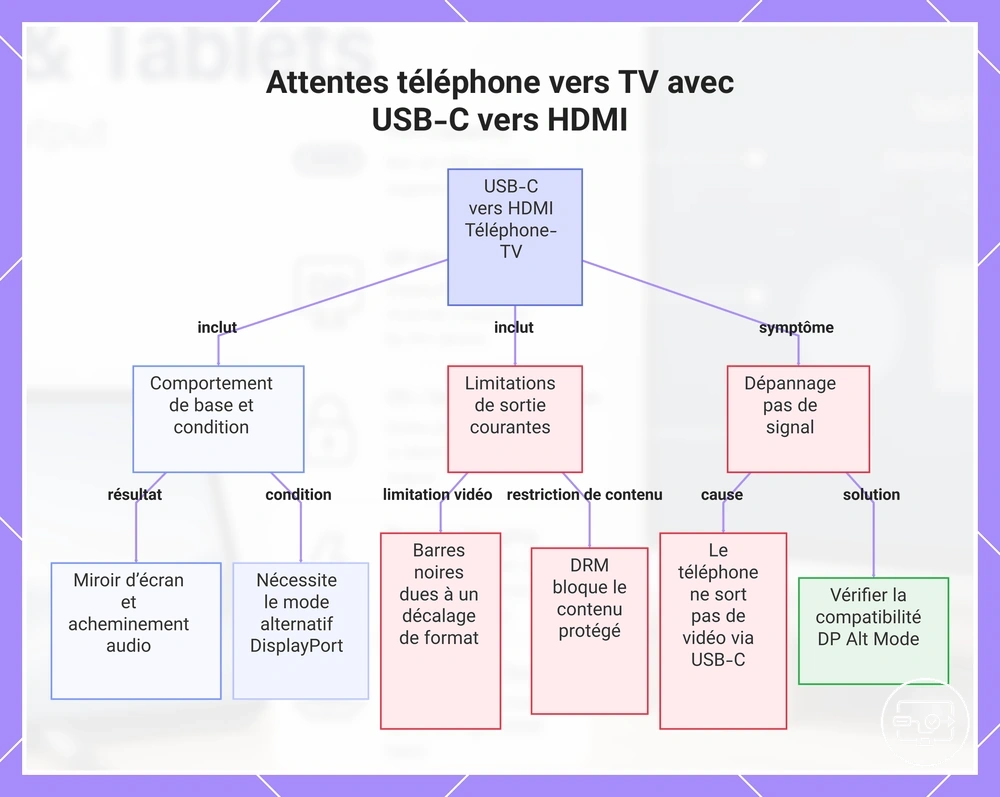 Attentes téléphone vers TV avec USB-C vers HDMI