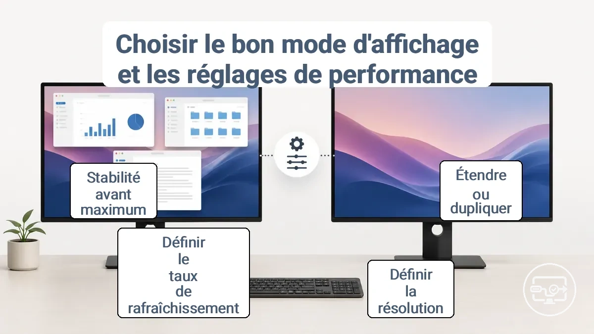 Comparaison des modes d'affichage USB-C vers HDMI montrant le miroir et l'étendu, et où les réglages de résolution/rafraîchissement affectent la stabilité.
